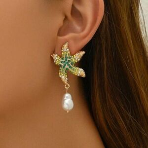 1pair Fashionable Glass Starfish Inlay Pearl-Like Dangle Drop Earrings For Women